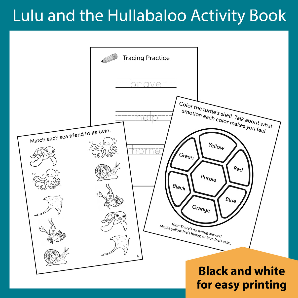 Inside pages of the Lulu SEL activity book showing coloring and tracing activities